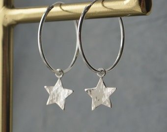 Sterling Silver Hammered Star Charm Hoop Earrings