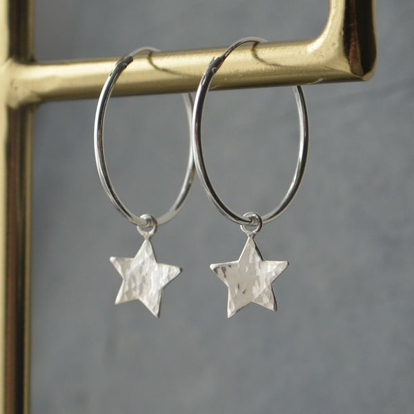 Sterling Silver Hammered Star Charm Hoop Earrings