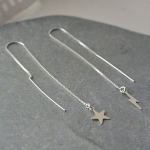 Sterling Silver Lightning Bolt And Star Threader Earrings