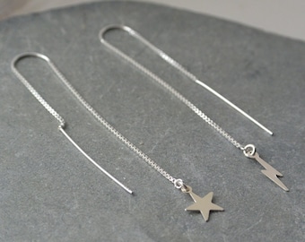 Sterling Silver Lightning Bolt And Star Threader Earrings