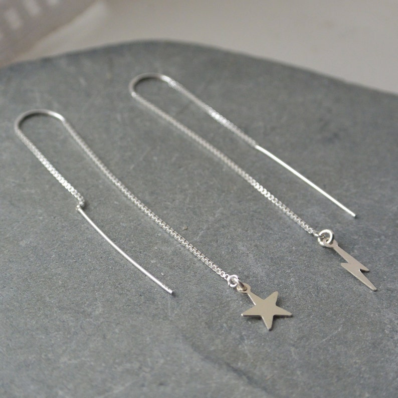 Gift For Her Sterling Silver Lightning Bolt And Star Threader Earrings Sterling Silver Threader Earrings