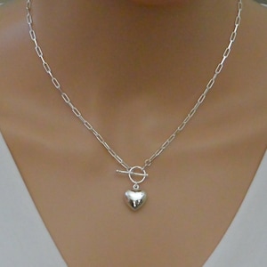 Paperclip Chain Heart Charm T Bar Necklace Sterling Silver
