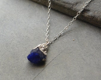 Raw Sapphire Pendant, Sterling Silver Birthstone Necklace