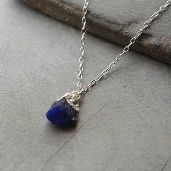 Raw Sapphire Pendant, Sterling Silver Birthstone Necklace