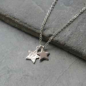 Double Hammered Star Charm Necklace Sterling Silver