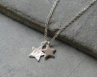 Double Hammered Star Charm Necklace Sterling Silver