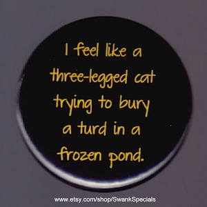 I feel like a three-legged cat trying to bury a turd in a frozen pond - pinback button or magnet