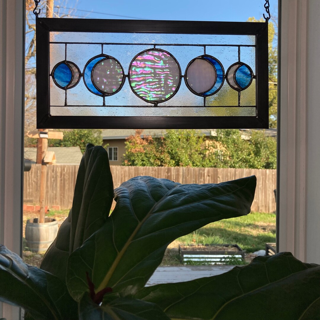 Five Moon Phases Stained Glass Window Panel Blue/irid White - Etsy