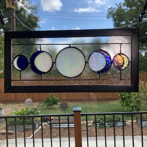 Five Moon Phases Stained Glass Window Panel Dark Blue/Irid White Ripple