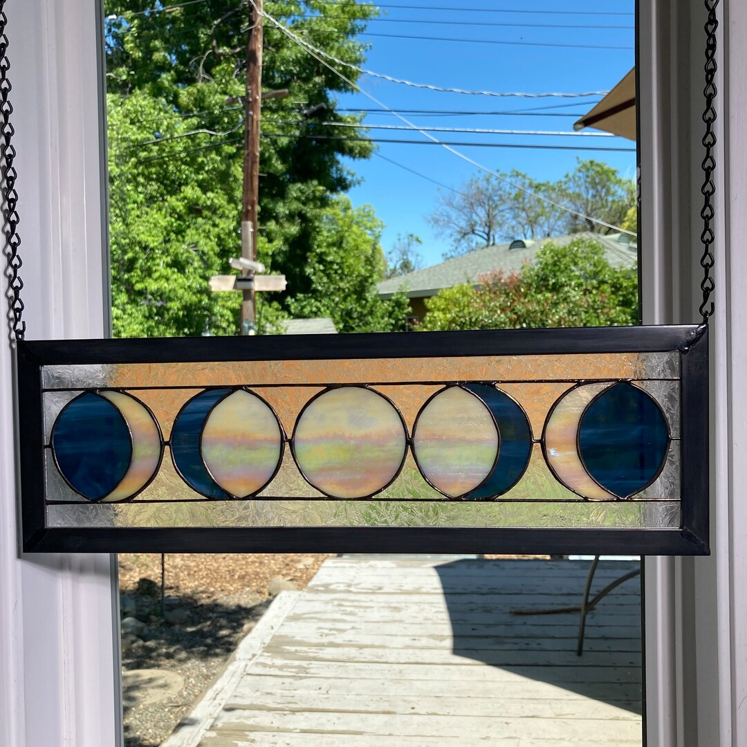 Five Moon Phases Stained Glass Window Panel Steel Blue/irid Amber - Etsy