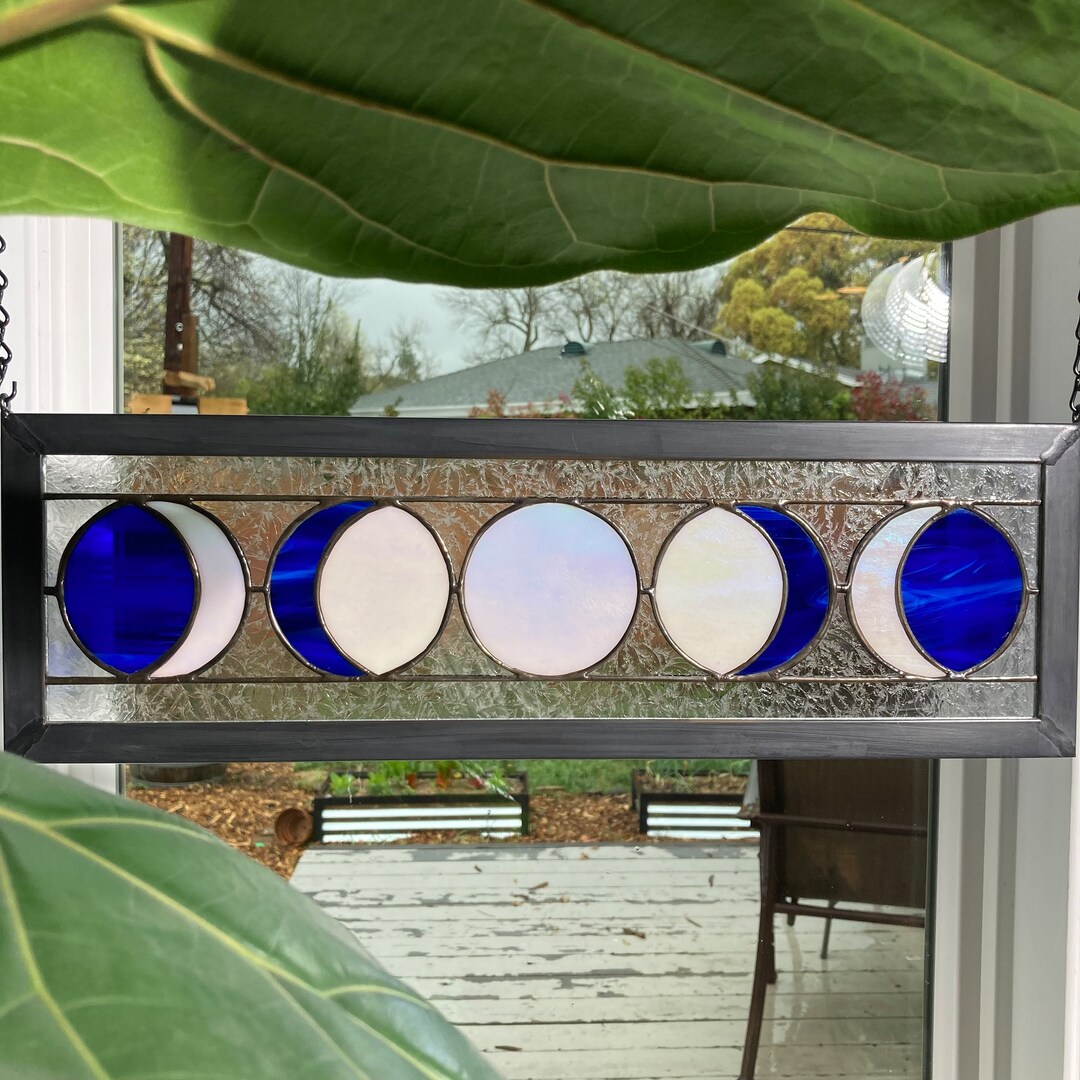 Five Moon Phases Stained Glass Window Panel Med Blue/pure White - Etsy