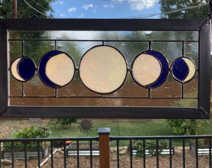 Five Moon Phases Stained Glass Window Panel Dark Blue/irid Amber - Etsy