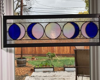 Five Moon Phases Stained Glass Window Panel Med Blue/white