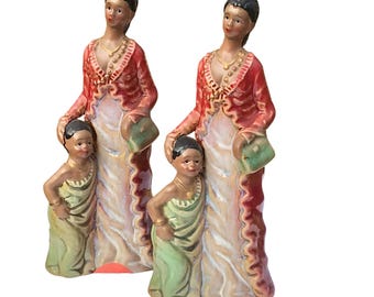 Vintage Colonial Ladies Ceramic Figurines: Twin Statuettes with Children