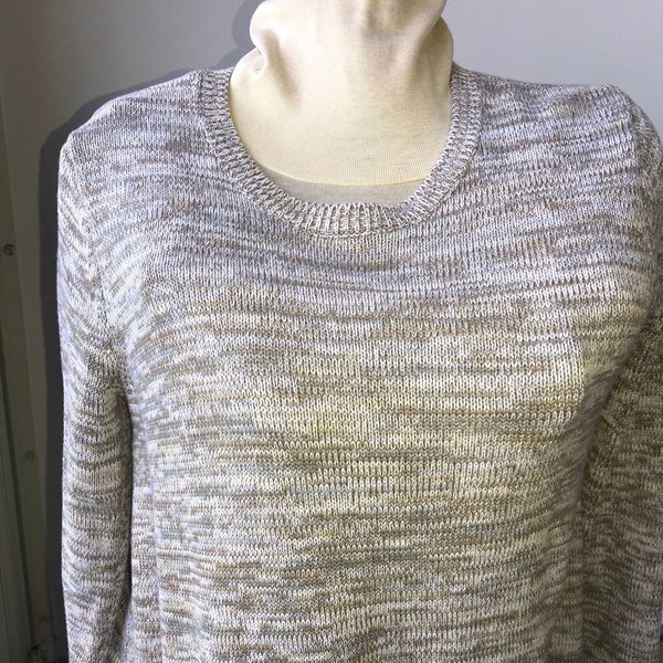 Small pullover sweater in neutral oatmeal heather, go with everything long knit tunic washable cotton, geek chic classic preppy crew neck
