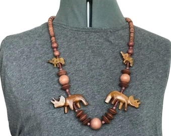 Vintage Safari Statement Necklace - XL Wooden Beads with African-Inspired Rhino and Elephant Design