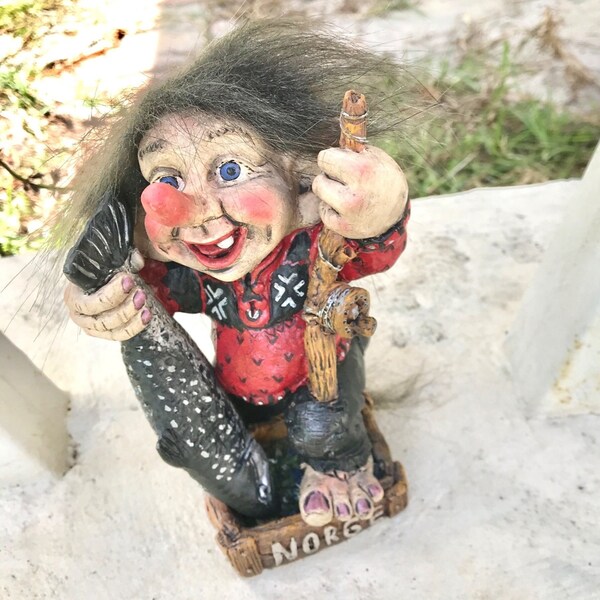 Vintage original fishing Troll from Norway with a big fish Norwegian folklore Nord souvenir, kidcore aesthetic woodlandcore cave dwellers