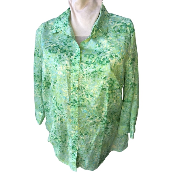 Green print blouse fits like 16, vintage clothing, office outfit, Coldwater Creek, perma press no iron cotton, autumn trends Plus size shirt