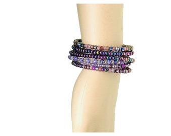 Boho Purple Seed Bead Bracelet: Slinky Memory Wire Wrap (6-6.5 inch Wrists)