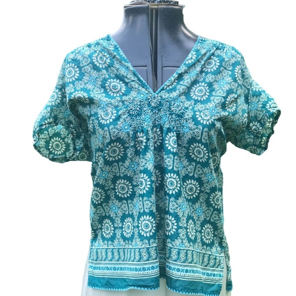 Vintage summer top bohemian hippie clothes, boho festival tunic 1960s 1970s Medium cotton medallion print empire style