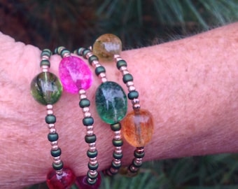 Multicolor Quartz Bracelet: Beaded Coiled Memory Wire, Fits S-M