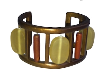 Modern tribal style cuff bracelet: chunky with large translucent glass beads, 6.75" long