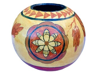 Vintage Artisan Gourd Bowl: Hand-Painted Folk Art by Whitaker, Autumn Colors, Southwest Style (2003)