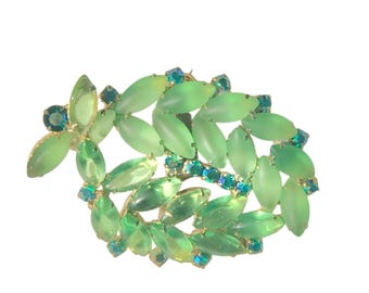 Vintage XL Mid Century Brooch: Faux Gem Stones In Green Glass