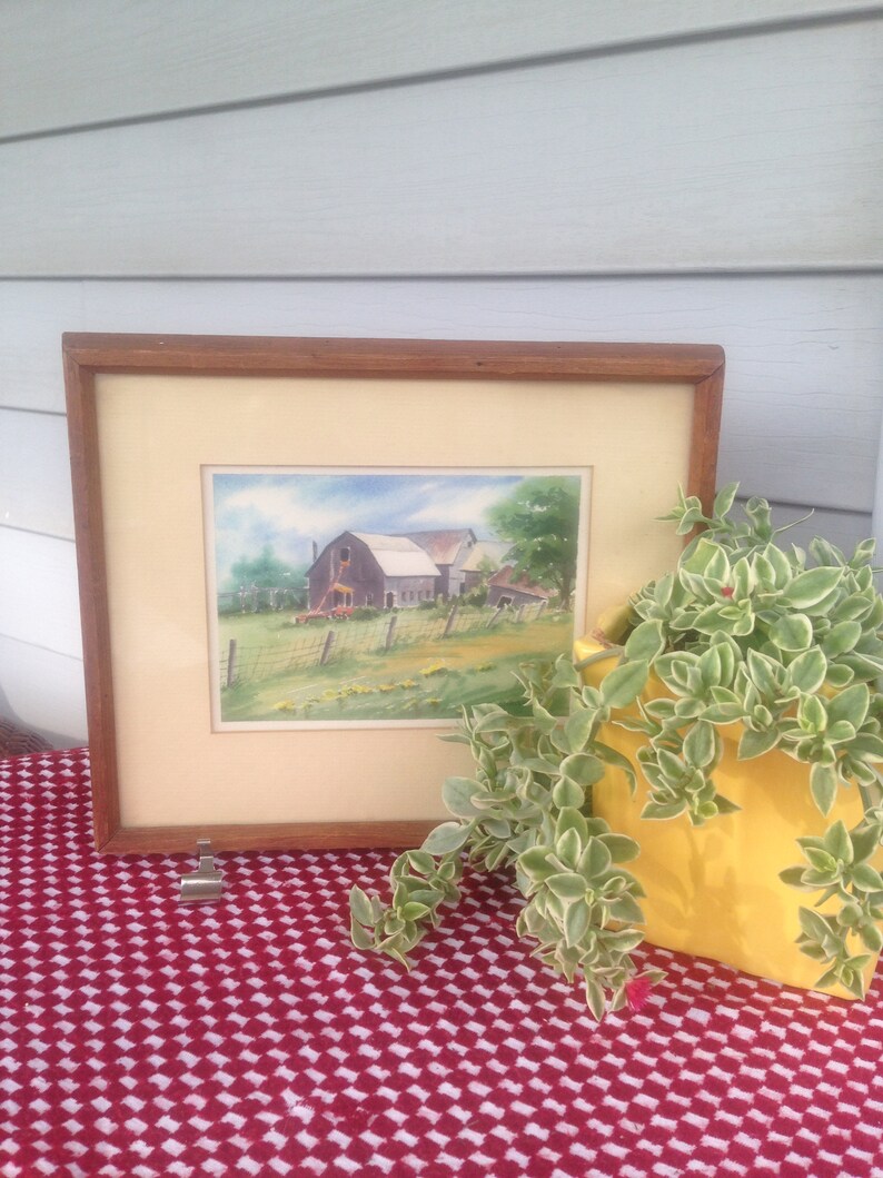 Vintage signed original framed watercolor farm scene S.Yates artist