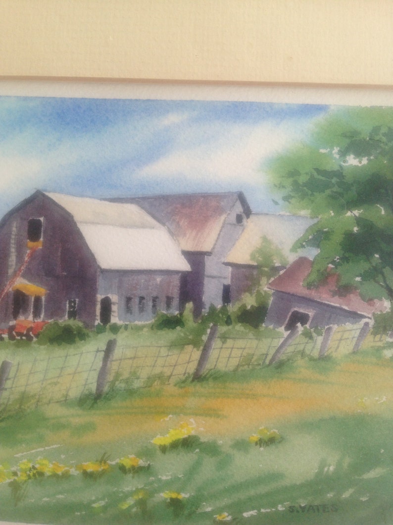 Vintage signed original framed watercolor farm scene S.Yates artist