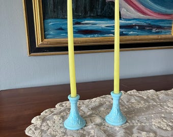 Mosser Blue Milk Glass/Slag/ Dutch Budoir/ Tiny Candle Holders/Pair