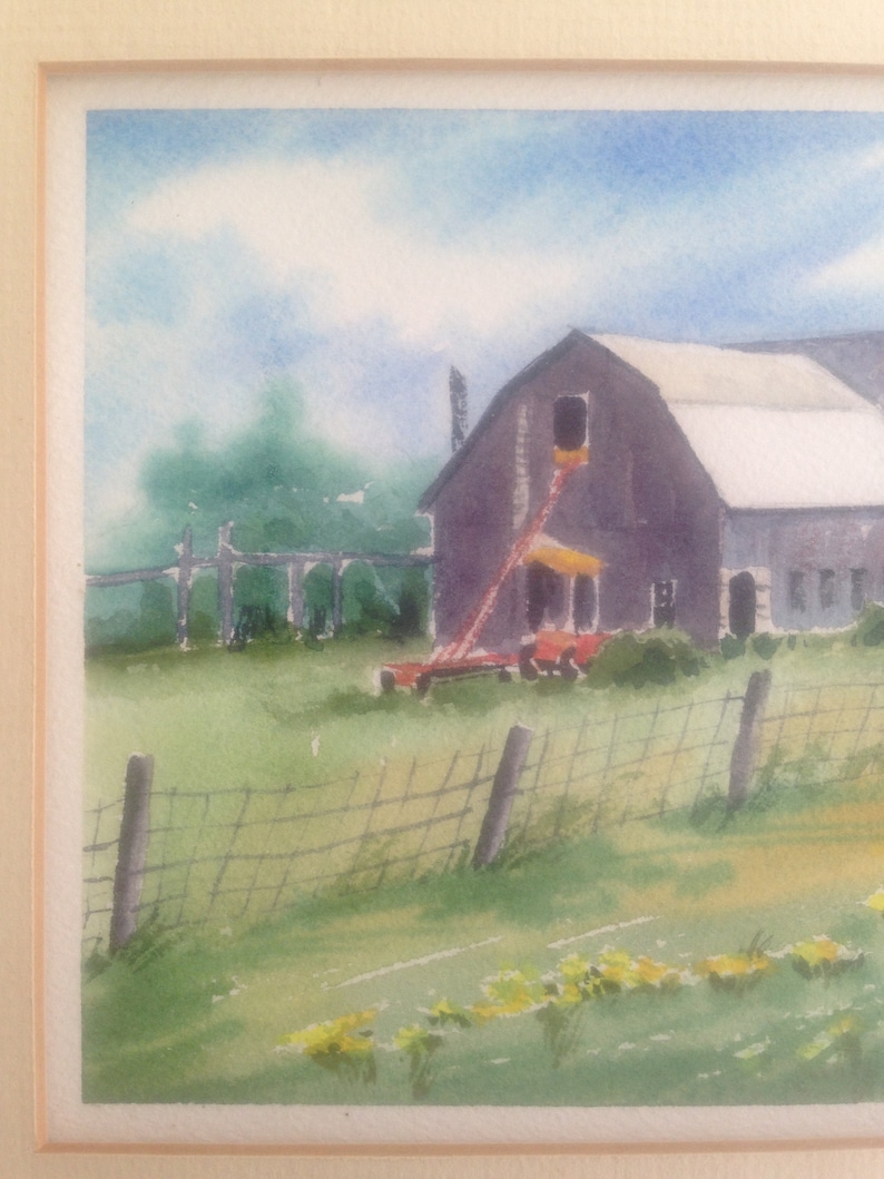 Vintage signed original framed watercolor farm scene S.Yates artist