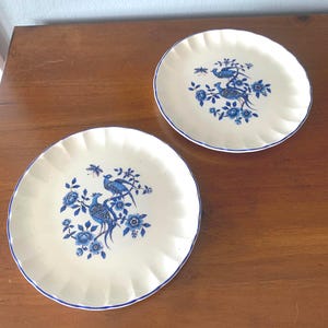 Peut inclure: Deux assiettes en céramique blanc cassé avec un motif floral et d'oiseaux bleu. Les assiettes ont un bord festonné et un bord bleu. Le motif représente des oiseaux bleus, des fleurs et du feuillage. Les assiettes sont sur une surface en bois.