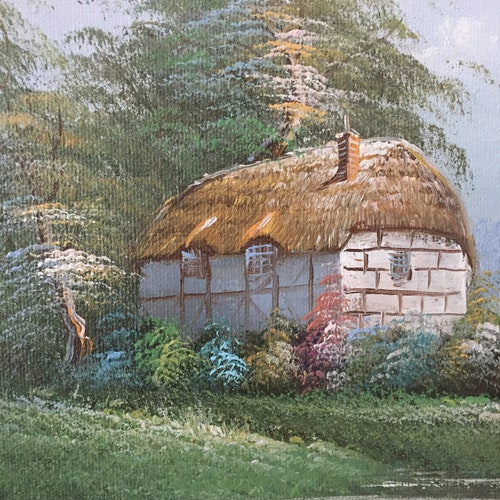 Adorably shops Sweet Signed Vintage Oil Painting/ Bucolic Landscape,Cottage/Spring.Summer Landscape