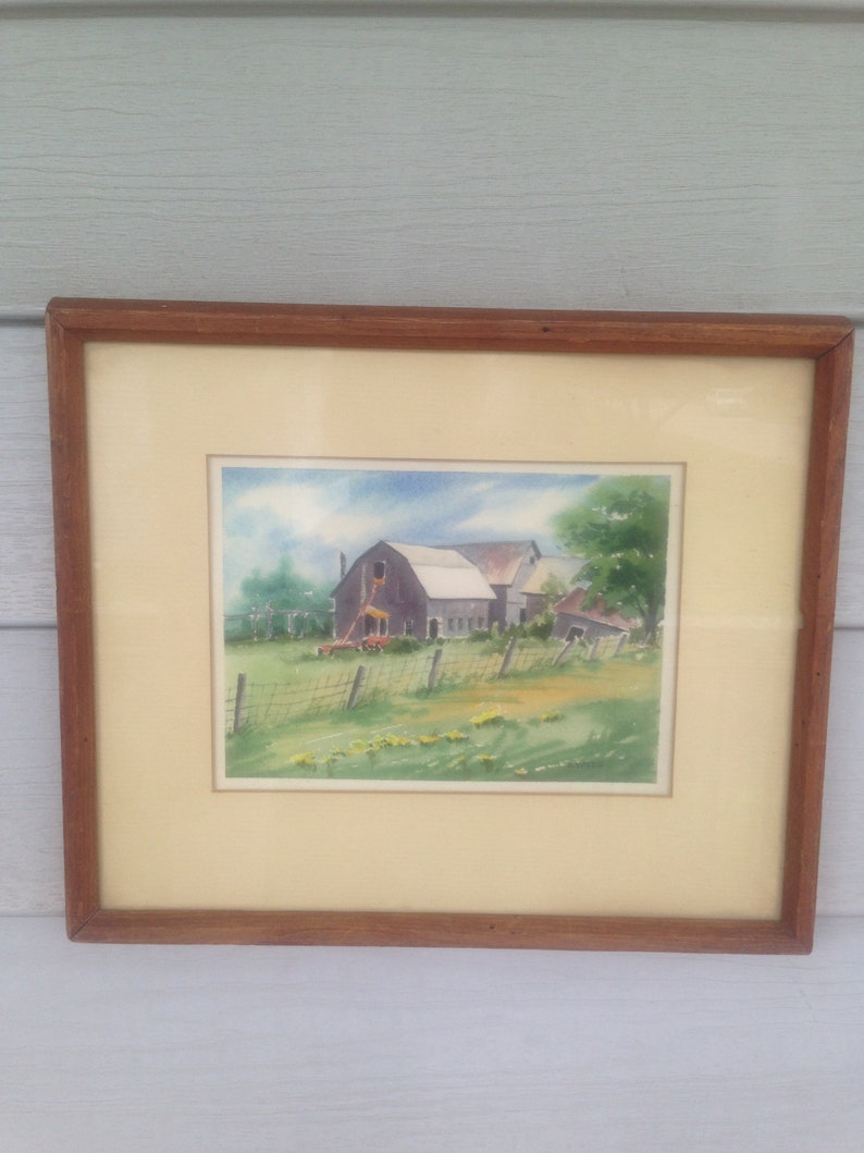Vintage signed original framed watercolor farm scene S.Yates artist