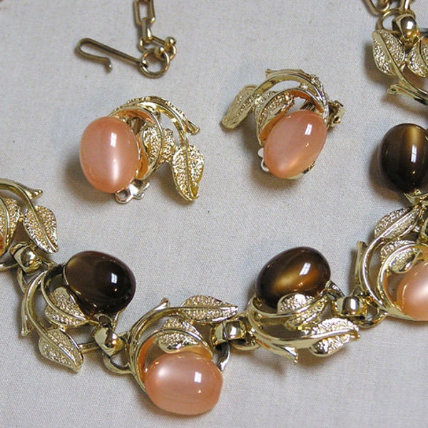 Demi Parure Necklace and Earrings Pink and Brown Thermoset Fruit Goldtone Leaves / Matching Thermoset Jewelry / Vintage Jewelry Set