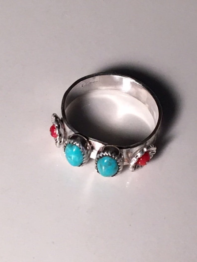 Southwestern Sterling Silver Ring with Turquoise and Coral