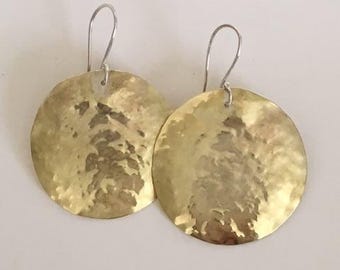 Brass Earrings, 1 1/2", Slightly Domed and Textured, Sterling Silver Hook