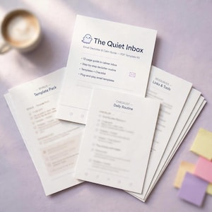 May include: A stack of white paper documents titled The Quiet Inbox Email Declutter & Calm Guide PDF Template Kit, featuring a ghost icon, a 12-page guide, a step-by-step routine, templates, a checklist, and plug-and-play email templates.