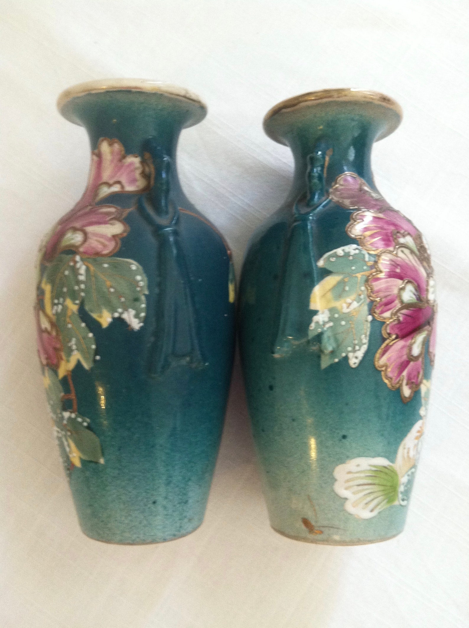 Vintage Floral Vases Set of Two Green With Gold and Pink Etsy