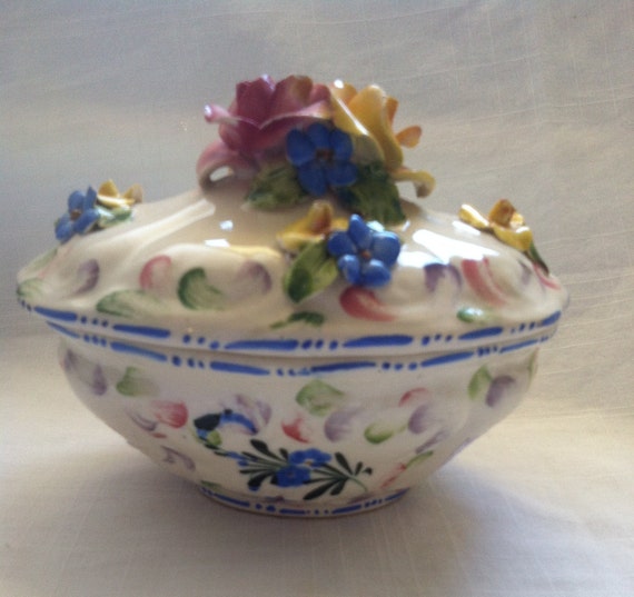 Vintage Italian Floral Ceramic trinket hand paint… - image 1