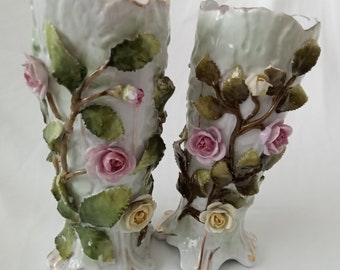 Antique pair of german vase  5.5" x 2" white pink roses green leaves gold