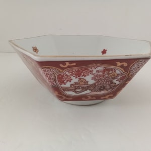 Vintage hexagon Japan asian bowl red black gold 8&quot; x 3&quot;