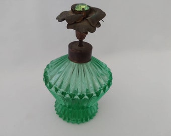 Vintage I Rice Perfume Bottle green glass flower spray pump