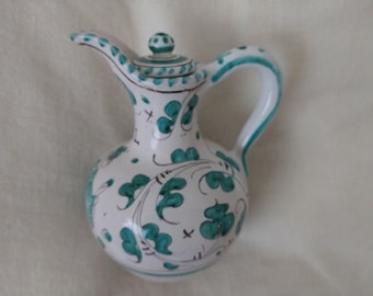 Vintage Deruta oil bottle turquoise and white with lid P.V.   5.5" x 4" x 4" Italian