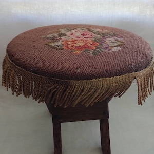 Antique Victorian Round Footstool Fold Away Needlepoint Tassel Fringe French Colonial Country
