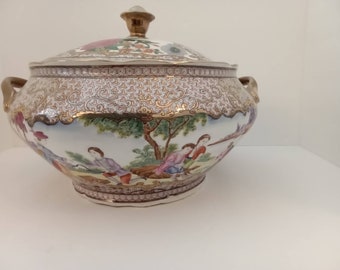 Vintage asian tureen garden romanic setting seen gold white rare