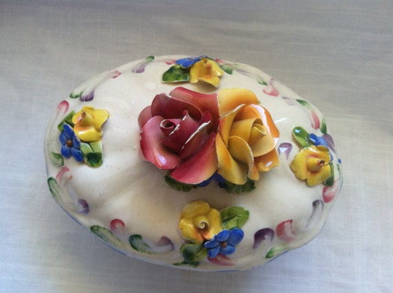 Vintage Italian Floral Ceramic trinket hand paint… - image 4