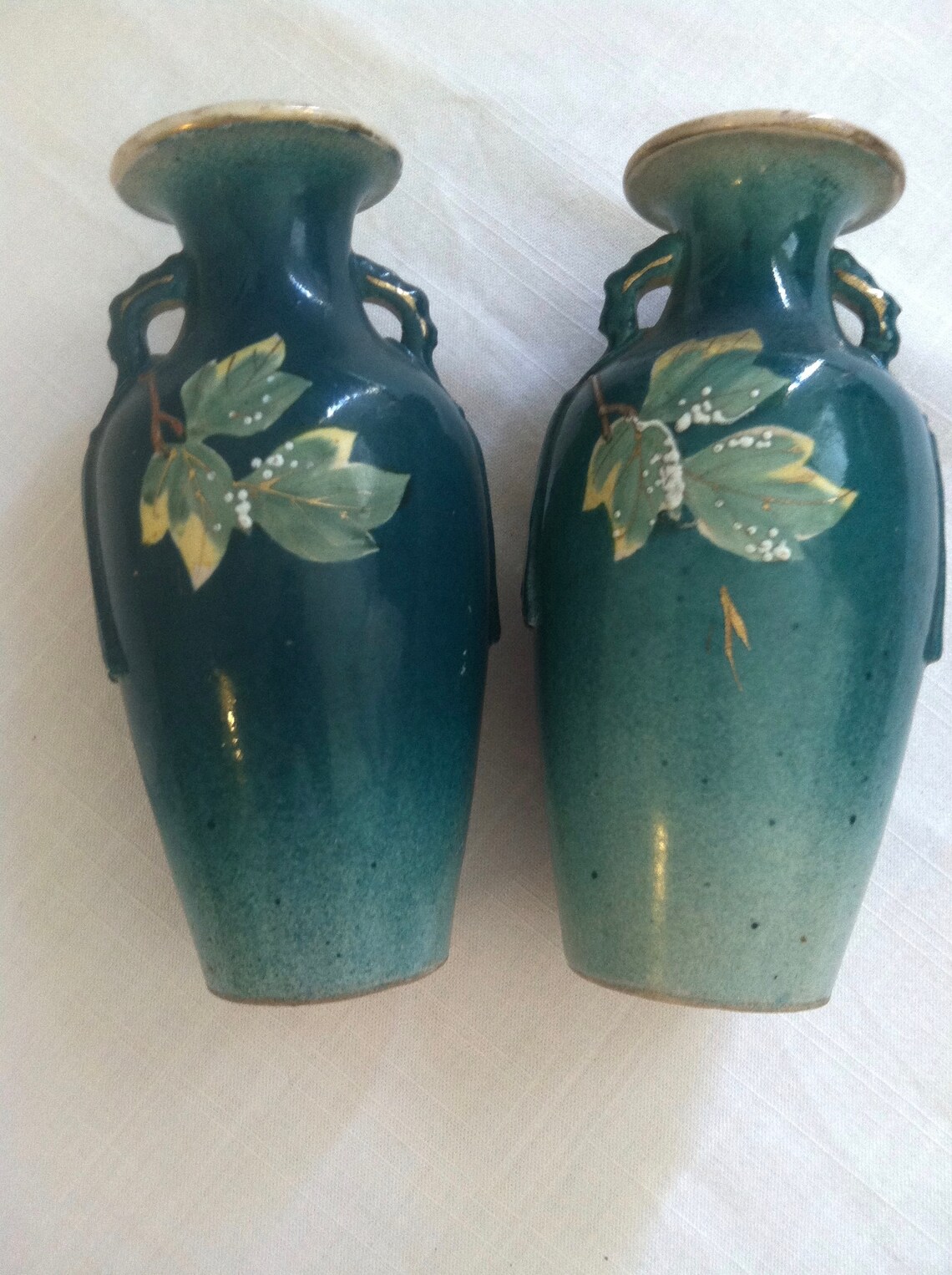 Vintage Floral Vases Set of Two Green With Gold and Pink Etsy