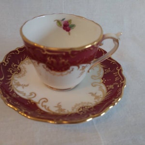 Vintage Coalport burgundy red and gold espresso tea cup and saucer made in England fine china.
